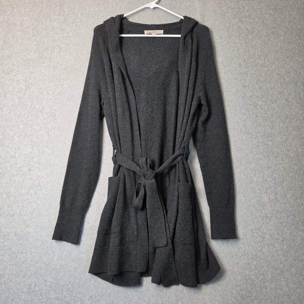 LOFT Wool Blend Gray Knit LS Hooded Belted Cardigan Women's Med Pockets Stretch